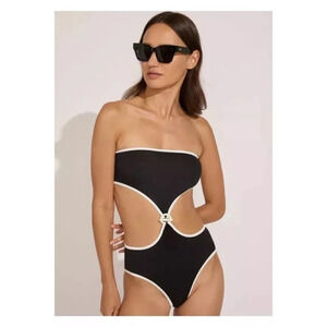 SOLID & STRIPED Black One-Piece Cutout Swimsuit with White Trim size S